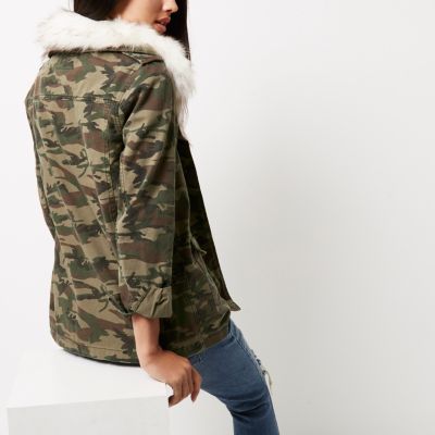 Khaki camo print faux fur lined army jacket